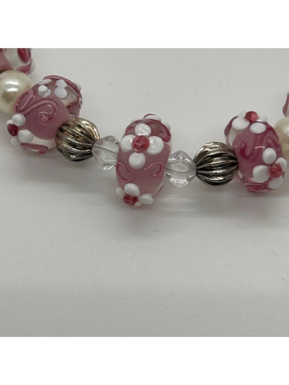 Floral Lampwork Bracelet Glass Bead Bracelet Pink White Pearl Crystal Artisan - Picture 6 of 10